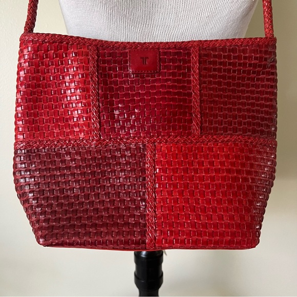 Vintage Footed Red Leather Woven Bag w/Leather Rope Cord Detail Made in Brazil - Picture 1 of 14